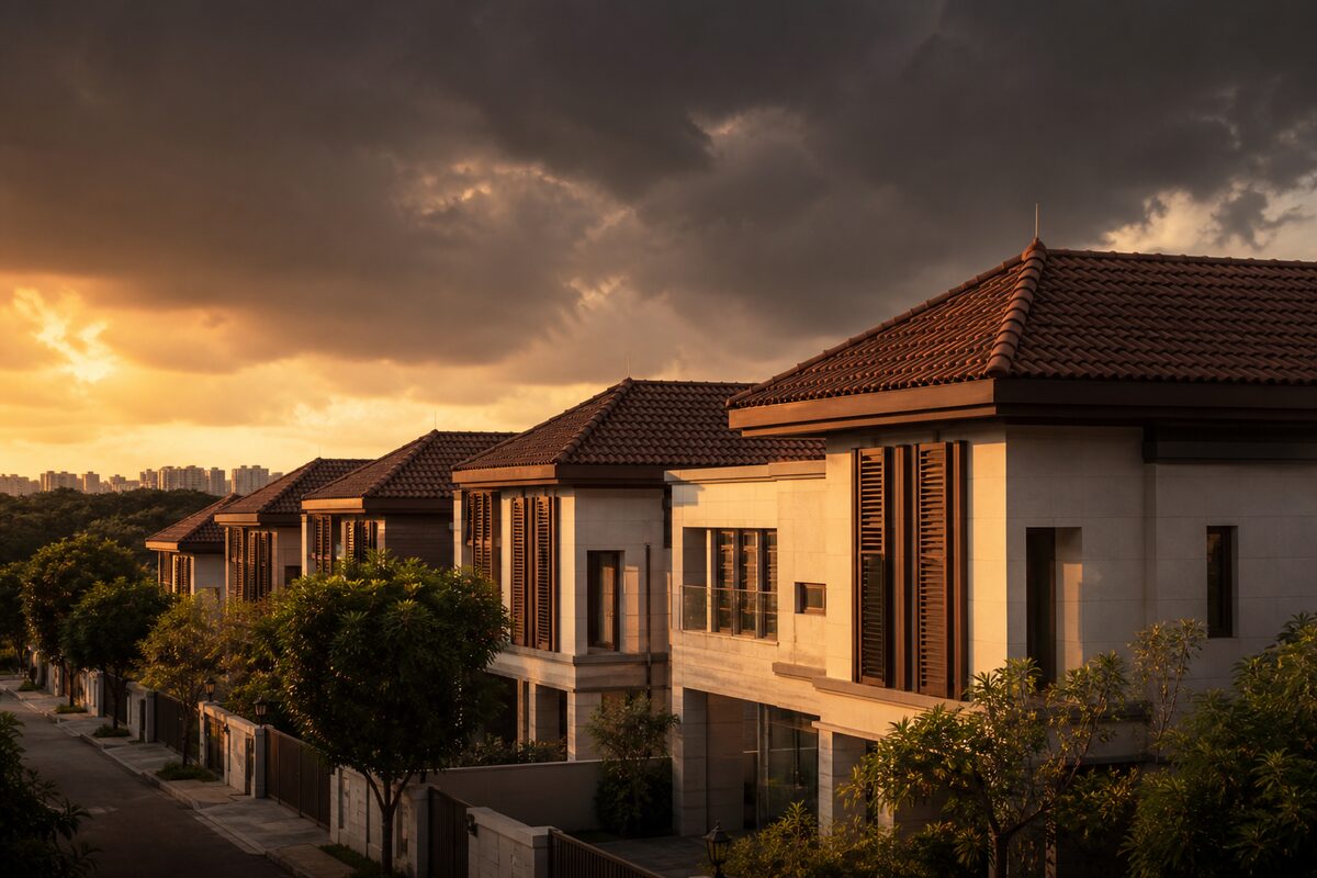 Singapore landed houses with pitched tile roofs at dusk