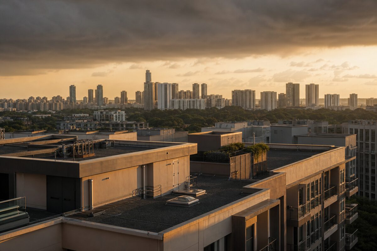Flat condominium rooftops with plant rooms and roof access